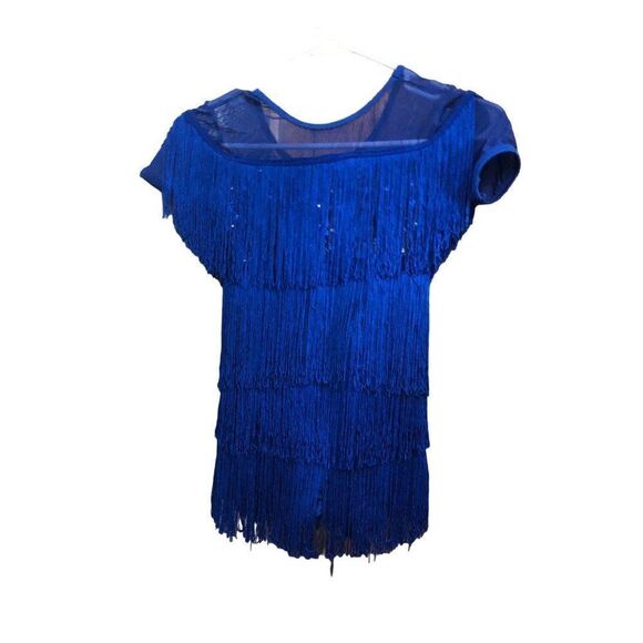 Kids Blue Fringe Dance Costume - Picture 2 of 4
